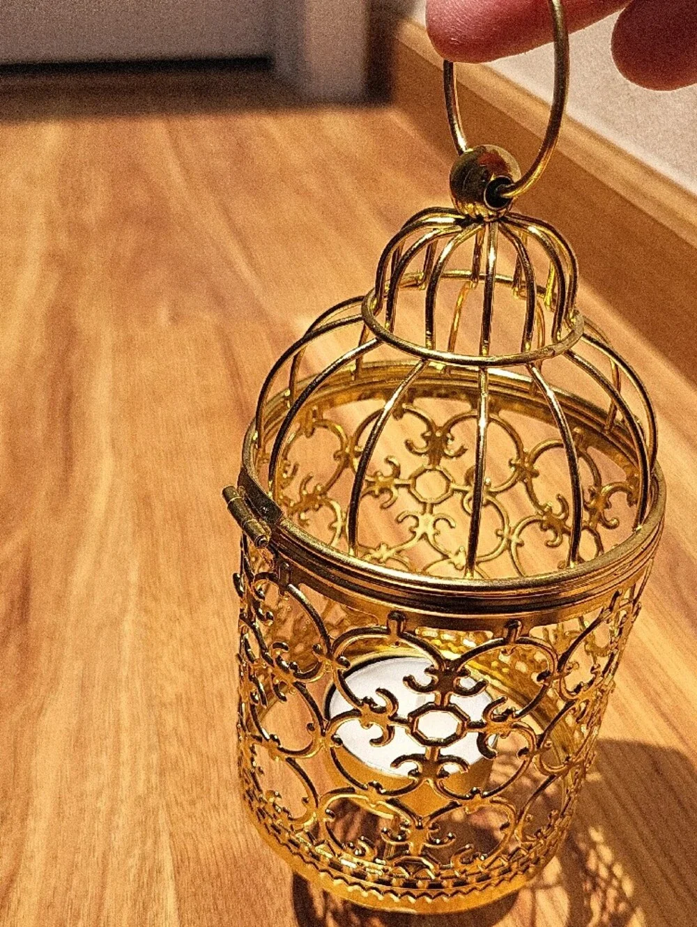Gold Ornate Filigree Candle Lantern with Hanging Ring